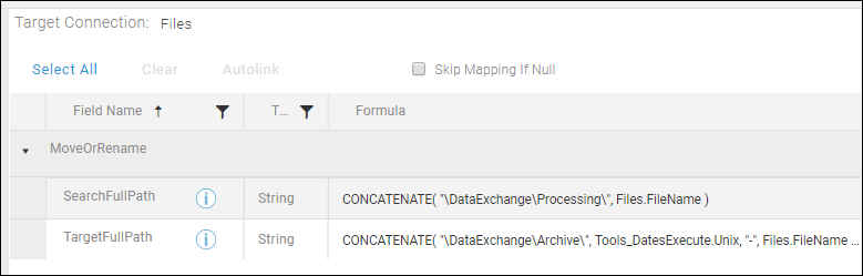Image showing SearchFullPath and TargetFullPath fields on the Execute Block Fields tab
