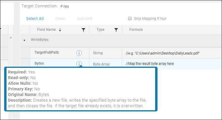 Image showing Bytes and TargetFullPath fields on Create Block Fields tab