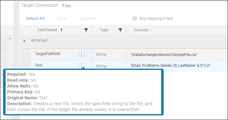 Image showing Text and TargetFullPath fields on Create Block Fields tab