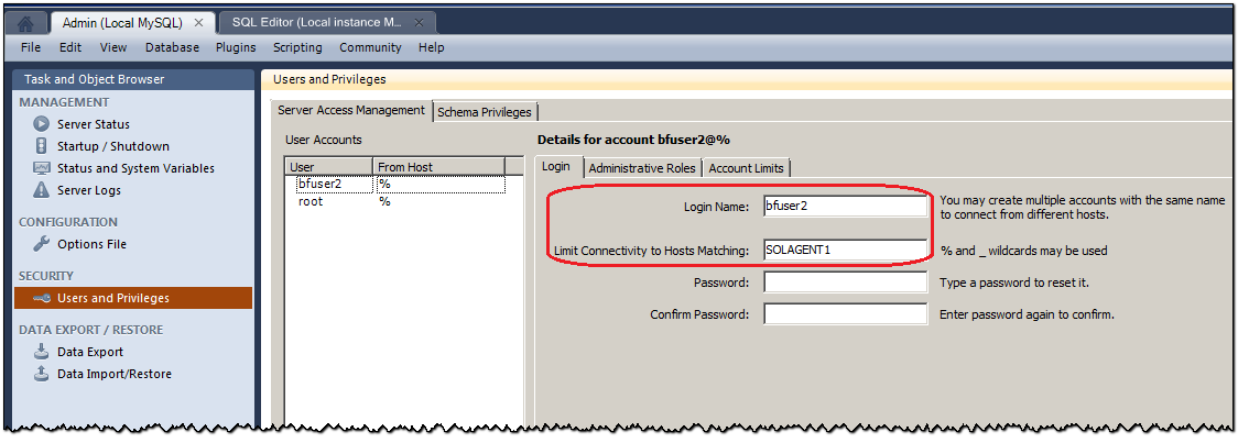 MySQL Connector: Setting privileges